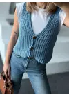 Triko Kolsuz Düğmeli Yelek - Mavi