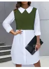 Omarı Şık ve Rahat Kadın Elbisesi - Uzun Kollu, Gömlek Yaka, Çift Renkli