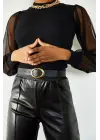 Omarı Siyah Tül Detaylı Kadın Yarım Balıkçı Kaşkorse Bluz