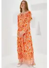Turuncu Ekru Desenli Uzun Viskon Elbise 1947