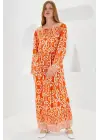 Turuncu Ekru Desenli Uzun Viskon Elbise 1947