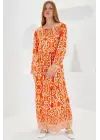 Turuncu Ekru Desenli Uzun Viskon Elbise 1947