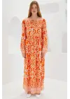 Turuncu Ekru Desenli Uzun Viskon Elbise 1947