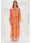 Turuncu Ekru Desenli Uzun Viskon Elbise 1947