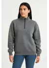 Üç İplik Dık Yaka Yarım Fermuarlı SweatShirt - Antrasit