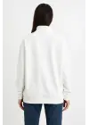 Üç İplik Dık Yaka Yarım Fermuarlı SweatShirt - Beyaz