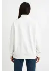 Üç İplik Dık Yaka Yarım Fermuarlı SweatShirt - Beyaz