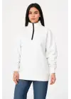 Üç İplik Dık Yaka Yarım Fermuarlı SweatShirt - Beyaz