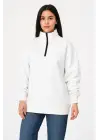 Üç İplik Dık Yaka Yarım Fermuarlı SweatShirt - Beyaz