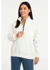 Üç İplik Dık Yaka Yarım Fermuarlı SweatShirt - Beyaz