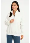 Üç İplik Dık Yaka Yarım Fermuarlı SweatShirt - Beyaz