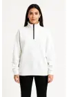 Üç İplik Dık Yaka Yarım Fermuarlı SweatShirt - Beyaz