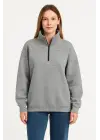 Üç İplik Dık Yaka Yarım Fermuarlı SweatShirt - Gri