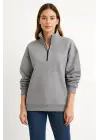 Üç İplik Dık Yaka Yarım Fermuarlı SweatShirt - Gri