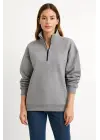 Üç İplik Dık Yaka Yarım Fermuarlı SweatShirt - Gri