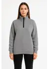 Üç İplik Dık Yaka Yarım Fermuarlı SweatShirt - Gri