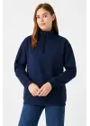 Üç İplik Dık Yaka Yarım Fermuarlı SweatShirt - Lacivert