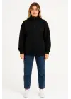 Üç İplik Dık Yaka Yarım Fermuarlı SweatShirt - Siyah