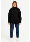 Üç İplik Dık Yaka Yarım Fermuarlı SweatShirt - Siyah