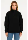 Üç İplik Dık Yaka Yarım Fermuarlı SweatShirt - Siyah