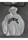 Üç İplik Kapşonlu Baskılı Oversize SweatShirt-  Beyaz
