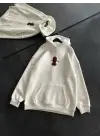 Üç İplik Kapşonlu Baskılı Oversize SweatShirt- Beyaz