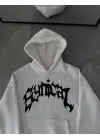 Üç İplik Kapşonlu Baskılı Oversize SweatShirt-  Beyaz