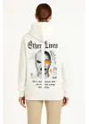 Üç İplik Kapşonlu ön Ve Arka Baskılı SweatShirt Hoodie- Beyaz