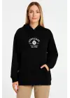 Üç İplik Kapşonlu ön Ve Arka Baskılı SweatShirt Hoodie- Siyah