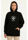 Üç İplik Kapşonlu ön Ve Arka Baskılı SweatShirt Hoodie- Siyah