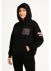 Üç İplik Kapüşonlu Ön Ve Arka Baskılı SweatShirt Hoodie - Siyah