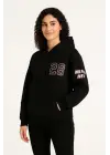 Üç İplik Kapüşonlu Ön Ve Arka Baskılı SweatShirt Hoodie - Siyah