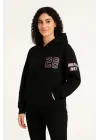 Üç İplik Kapüşonlu Ön Ve Arka Baskılı SweatShirt Hoodie - Siyah