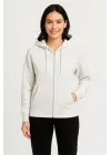Üç İplik Kapüşonlu Tam Fermuarlı Kanguru Çepli SweatShirt Hoodie - Beyaz
