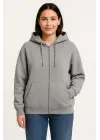 Üç İplik Kapüşonlu Tam Fermuarlı Kanguru Çepli SweatShirt Hoodie - Gri