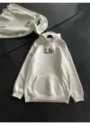 Üç İplik Penye Uzun Kol Kapşonlu Baskılı SweatShirt - Beyaz