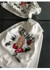 Üç İplik Penye Uzun Kol Kapşonlu Baskılı SweatShirt - Beyaz