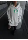 Üç İplik Penye Uzun Kol Kapşonlu SweatShirt - Beyaz