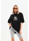 Şık Baskılı Oversize Tişört - Siyah