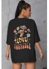 Unisex Baskılı Oversize T-Shirt - Siyah