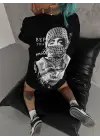Siyah Baskılı Oversize Tişört