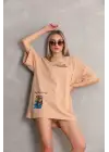 Unisex Bisiklet Yaka Baskılı Oversize T-Shirt - Bej