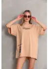 Unisex Bisiklet Yaka Baskılı Oversize T-Shirt - Bej