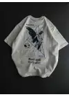 Unisex Bisiklet Yaka Baskılı Oversize T-Shirt - Beyaz