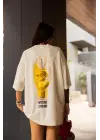 Unisex Bisiklet Yaka Baskılı Oversize T-Shirt - Beyaz