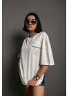 Unisex Bisiklet Yaka Baskılı Oversize T-Shirt - Beyaz