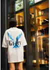 Unisex Bisiklet Yaka Baskılı Oversize T-Shirt - Beyaz