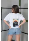 Unisex Bisiklet Yaka Baskılı Oversize T-Shirt- Beyaz
