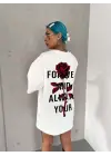 Unisex Bisiklet Yaka Baskılı Oversize T-Shirt - Beyaz