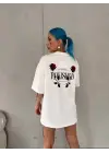 Unisex Bisiklet Yaka Baskılı Oversize T-Shirt - Beyaz